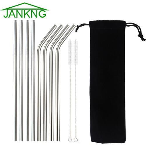 JANKNG 8Pcs Colorful 304 Stainless Steel Straight Bent Reusable Filter With Brush DIY Tea Coffee Drinking Straws With Brush