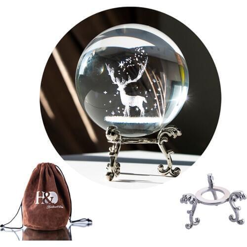 H&D 70mm Crystal Ball Lucky Deer Healing Sphere Glass Ball with Stand Holder Gifts Home Decoration Photography