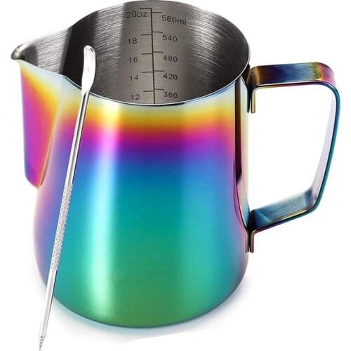 HOT 20 Oz Milk Frothing Pitcher With Decorating Art Pen, Colorful Stainless Steel Milk Foamer Jug Coffee Steaming Cup