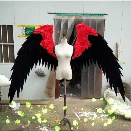 Cosplay black and red big angel feather wing model show shooting prop party real goose feather wing for Halloween