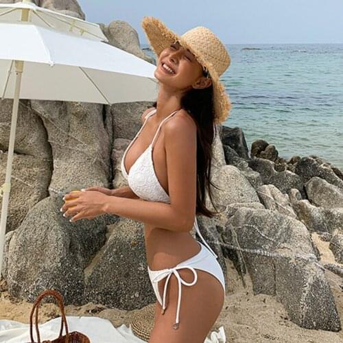 White Knitted Swimsuit Female Two-piece Bikini Sexy Backless Swimwear Low Waist Bandage Bathsuit Summer Beach Biquinis Pad