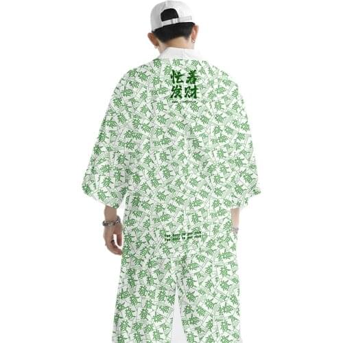 Fashion Green Mahjong Print Chinese Style Sets Japanese Kimono Beach Harajuku Men Women Cardigan Haori Asian Clothes Pant Suit