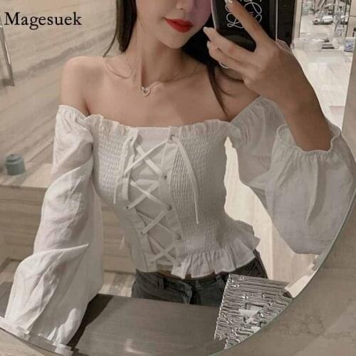 Slash Neck Fashion 2020 Autumn Ladies Tops Casual Long Sleeve Shirt Sexy Korean Off-Shoulder Blouses Short Blouses Women 10447