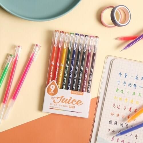 9pcs Juice Color Pens Set Jelly Body Fluorescent Marker Liner Highlighter Drawing Journal 0.5mm Ballpoint Office School A6950