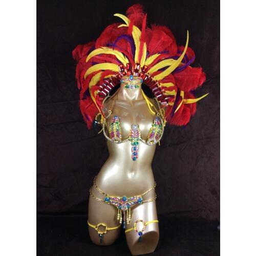 Free shipping hot saling 2016 top quality Samba Rio Carnival Costume Sexy Belly Dancing Costume with Feather Headdress