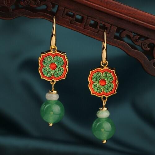Original Vintage Natural green color stone drop earrings Ethnic Delicate Dangle Earrings Modern Female Jewelry for women