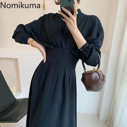 Nomikuma Women Elegant Stand Neck Dress Batwing Long Sleeve Slim Waist A-line Vestidos Femme Korean 2020 New Dresses 6B343