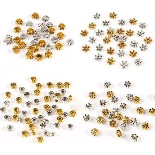 20-100pcs/lot Flat Round Metal Beads Snowflakes Plum Blossom Shapes Loose Spacer Beads For Jewelry Making Accessories Wholesale