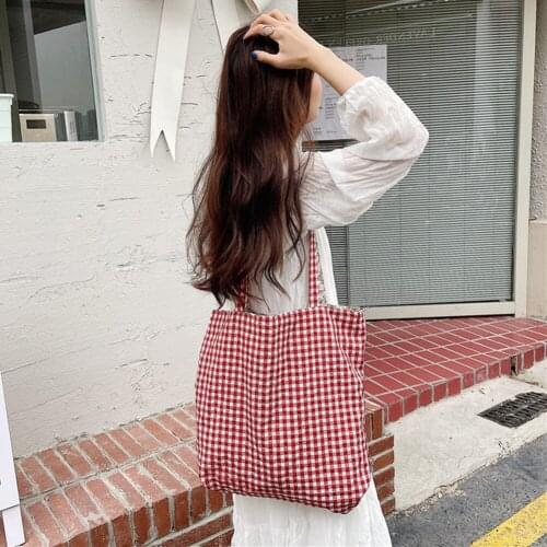 Portable Cloth Floral Plaid Print Shopping Handbag Tote Simple Food Picnic Travel Fashion Lunch Large Capacity Dual Use Shoulde