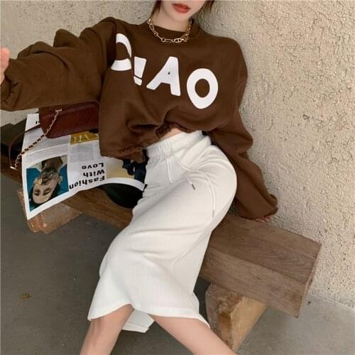Casual Pullovers O Neck Long Sleeve Letter Hoodies Crop Loose Drawstring Tops Sexy High Waist Bodycon Skirt Fashion Autumn Sets