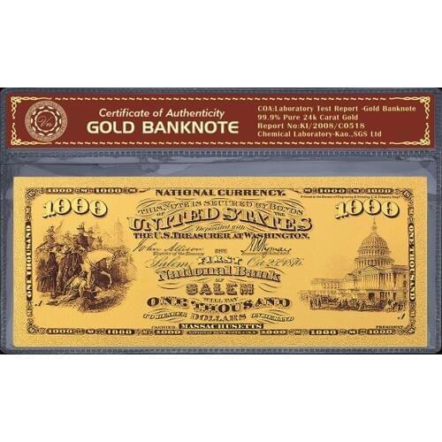 Gold Banknote Plated 999 Gold Foil American Banknote 1875 Year New Unique USD 1000 Dollar for Home Decorations,Business Gifts