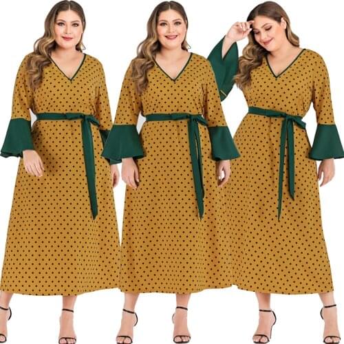 Plus Size Women Long Dress Vintage Polka Dot Casual Loose Arab Abaya V-neck Flare Sleeve Islamic Vestido Ramadan Turkish Kaftan