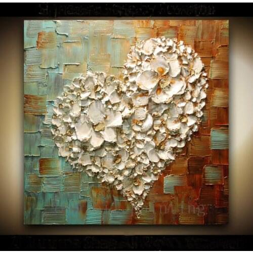 Handmade Abstract Thick Texture Flowers Art White Heart Picture Handpainting Gallery Fine Art Palette Knife Canvas Oil Paintings