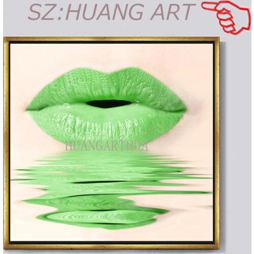 Ure Hand-painted High Quality Modern Wall Art Red and green Lip on Canvas Modern Lip Kiss Oil Painting for Friend Gift