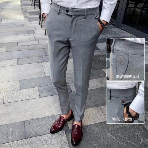 Spring and Autumn Retro Fashion Business Casual Trousers Mens Solid Color Micro-elastic Small Trousers Khaki and Black and Gray