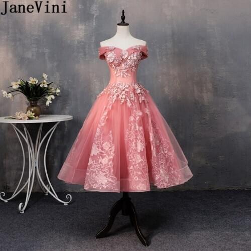JaneVini Vintage Dusty Pink Prom Dresses Tea Length Off Shoulder A Line Illusion Lace Pearl Formal Party Pageant Gown Gala Dress