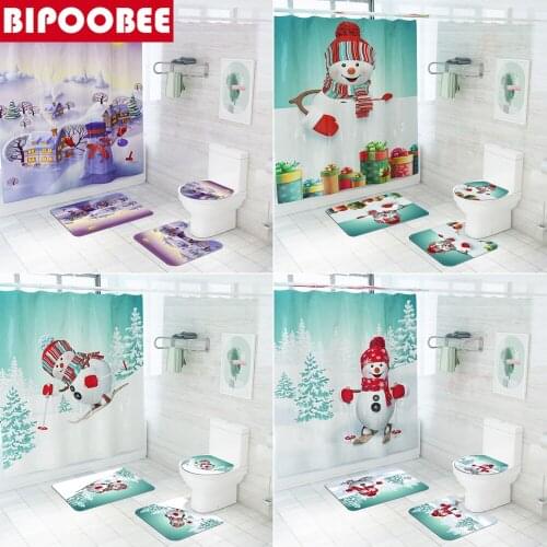 Funny Snowman Printed Shower Curtain Merry Christmas Washroom Decor Cartoons Pedestal Anti-slip Carpet Bathroom Mat Toilet Cover