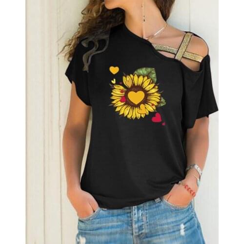 Women Summer T Shirt Casual Sunflowers Print Top Tees Cross One Shoulder Short Sleeve Loose T Shirts Aesthetic Ladies Camisetas