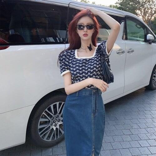 2021 French Retro Womens Suit Plus Size Womens Square Collar Slim Top + Denim Skirt