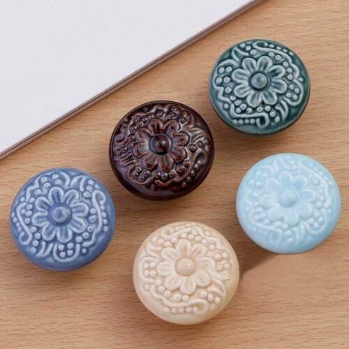2 pcs Ceramic Cabinet Handle 35 mm Round Ceramic Flower Drawer Knobs Pull, Modern Furniture Knob for Home Kitchen Wardrobe Pull