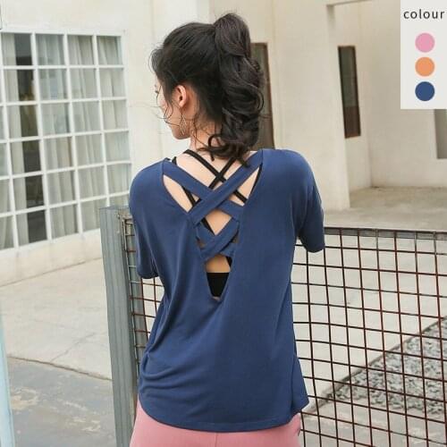 2021 Open Back Yoga Shirts Gym Workout Short Sleeve Women Summer Quick Dry Sports T-shirts Loose Fitness Jogging Sportswear Tops