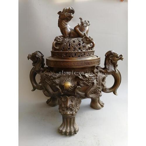 25'' Fine Bronze temple carved Dragon fu foo dogs lion incense burner censer
