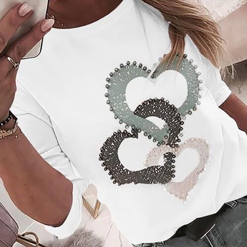 40#Women T-Shirts Heart Print Nail The Beads O-neck Long Sleeves Loose Tops Spring Harajuku Elegant Tshirts mujer camisetas