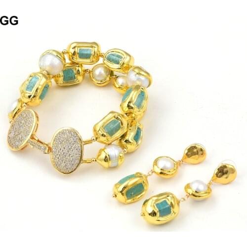 GG Jewelry Green Turquoise Natural White Pearl Electroplated Edge Bracelet Earrings Sets Cubic Zirconia Pave Clasp For Women