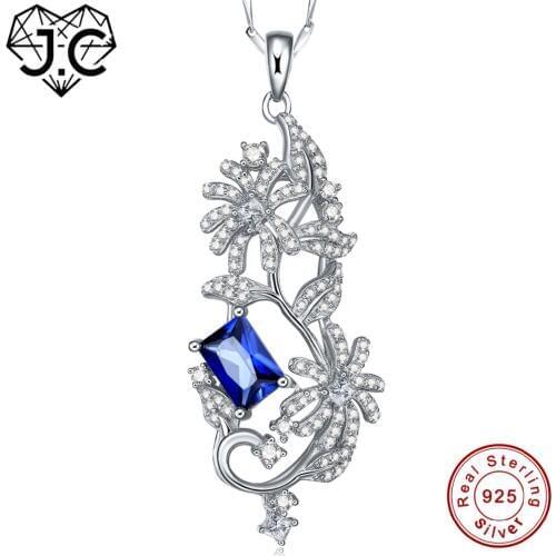 J.C Women Beautiful Flower Shaped Pendant Ruby Sapphire Blue Topaz 925 Sterling Silver Necklace Fine Jewelry for Girlfriend