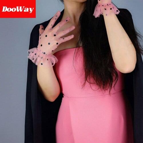 DooWay Lace Short Sheer Gloves Touchscreen Ruffled Trim Tulle Mesh for Women Wedding Pary (Pink Big Dots)