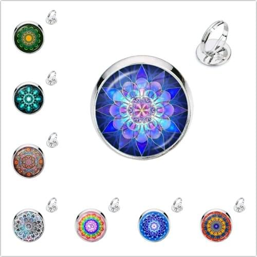Fashion Buddhism Chakra Henna Glass Dome Cabochon Ring Om Yoga Mandala Rings For Women Men Ethnic Indian Jewelry