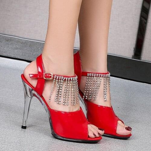 Fashion Womens Shoes Open Toe Sandals Crystal Tassel Buckle High Heel Tenis Transparent Thin Heels 11cm Party Shoes Summer 2021