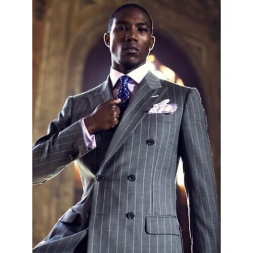 2021 New Gray Striped Suit Men Vintage Tailored Slim Business Suits Dinner Suits Prom Dresses Groom Wear 2Pieces(Jacket+Pants)