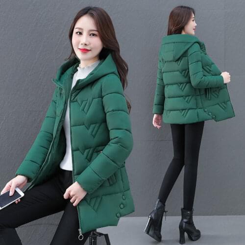 2021 New Winter Padded Jacket Womens Parkas Mid-Length Slim Down Cotton Coat Female Thickened Hooded Clothing