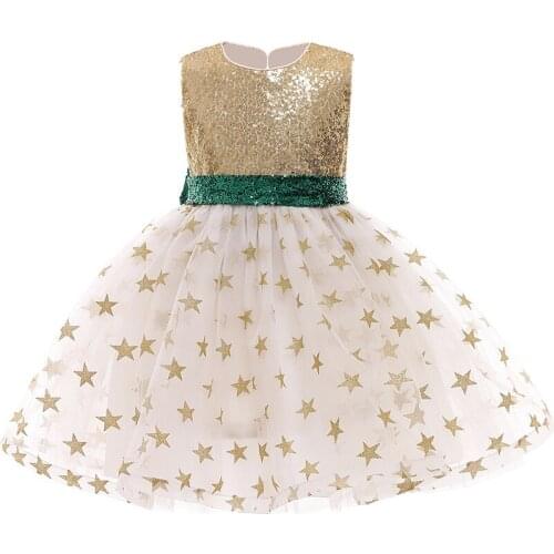 New Girls Sleeveless Party Dress Bow Stars Sequins Mesh Dress Halloween Costume for Girls Childrens Clothing