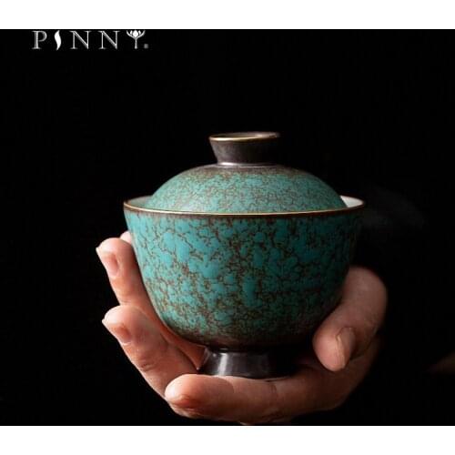 PINNY 120ML Ceramic Turquoise Glaze Gaiwan Retro Kung Fu Tea Bowl Traditional Chinese Drinkware Pigmented Tea Tureen