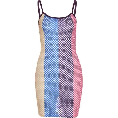 Summer new womens fashion printing sexy hollow out mesh stitching bag hip dress women