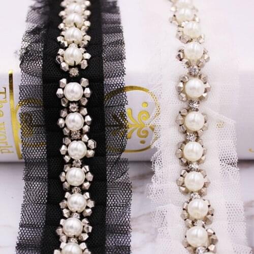 10Yards White Black Fake Pearl Beaded Lace Trim Vintage Ruffled Mesh Fabric Braid Lace Applique