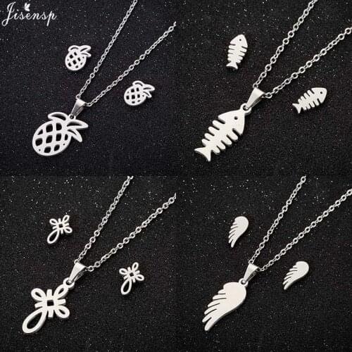 Jisensp Punk Style Fishbone Stainless Steel Jewelry Sets Cute Fish Thorn Necklace Earrings Set for Woman 2019 Friendship Gift