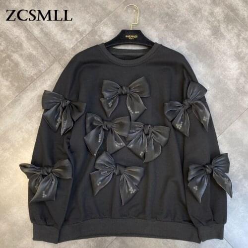 ZCSMLL 2021 Fall Winter Round Neck Long Sleeve Hoodies Three-dimensional Bow Peas Decorated Loose Women Black Sweatshirts