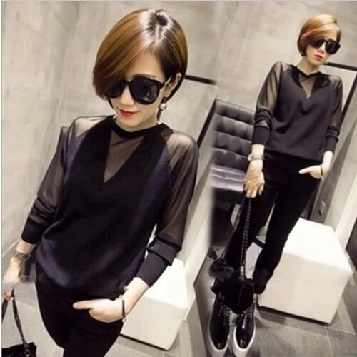 Womens Blouse Sexy Black Perspective Net Yarn Long Sleeve Fashion Slim Ladies Tops Tees Plus Size 3XL New