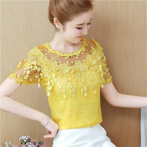 Elegant Lace Blouse Femme Women Tops Chiffon Shirts Summer Short Exquisite Sleeve Blusas Feminina Hollow Out Blouses Shirt Women