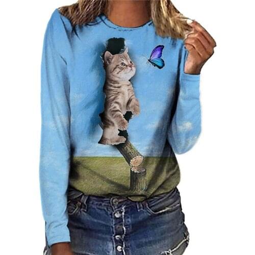 Women Long Sleeve Casual T-Shirt 2021 New Autumn O-Neck Printed Loose Tops Cartoons Funny Cats T-Shirt Fashion Lady Streetwear