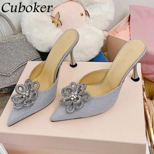 Brand Runway Women High Heel Sandals Pointed Toe Rhinestone Crystal Slides Summer High Heel Party Dress Wedding Shoes For Women