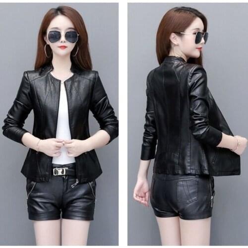 Women Motorcycle Faux PU Leather Jackets Streetwear Stand Collar Ladies Coat Long Sleeve Autumn Biker Zippers Outwear Y506