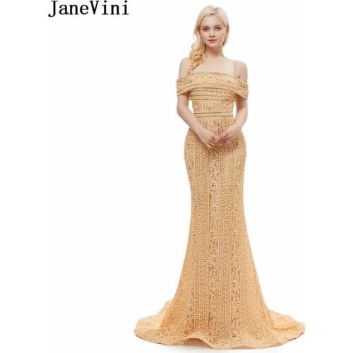 JaneVini Elegant Dubai Yellow Gold Long Prom Dresses Off Shoulder 2020 Luxury Beaded Pearls Sleeveless Lace Mermaid Prom Gowns