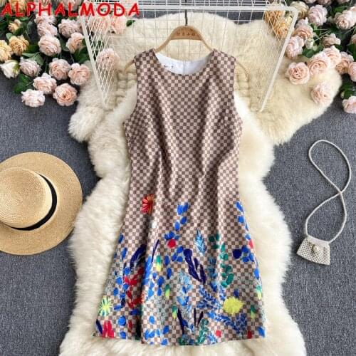 ALPHALMODA 2021 New Printed Sleeveless Vintage Dress Women Fashion Floral Plaids Tank Dress for Summer