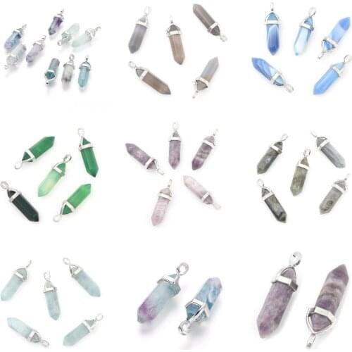 15Pcs Mixed Natural Gemstone Fluorite Amethyst Crystal Bullet Pendants Charms Reiki Chakra For Necklace Women Men DIY Jewelry