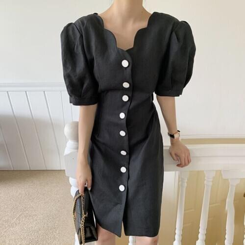 2020 Summer Fashion Irregular V-neck Puff Sleeve Slim Dress Women Korean Chic Vintage Single-breasted High Waist Party Dress
