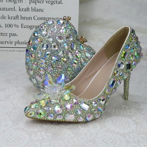 2021 Women Sandals Silver Bridal Wedding High Heels Ladies Party Dress And Bag Set Pointed Toe Thin Heels Princess crystal shoes